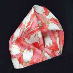 NEW Hand Stitched Cotton Pocket Square Tulip Bloom Floral Pink White Green Men's